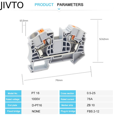 PT16 Din Rail Push-In Terminal Block, 16mm² Electrical Feed-Through Cable Plug Screwless Terminal Strip Wire Connector